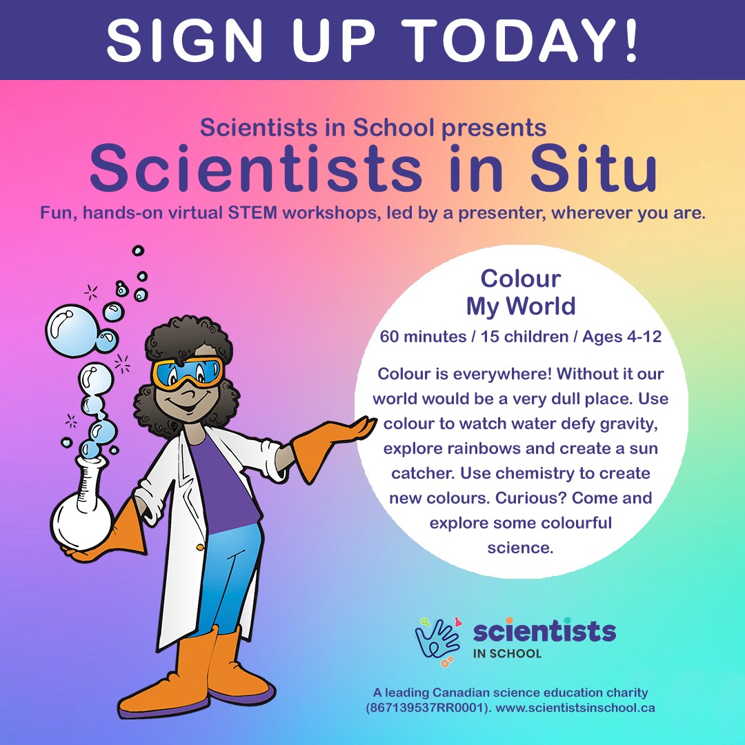 Illustration of young scientist with text about Scientists in Situ Colour My World program