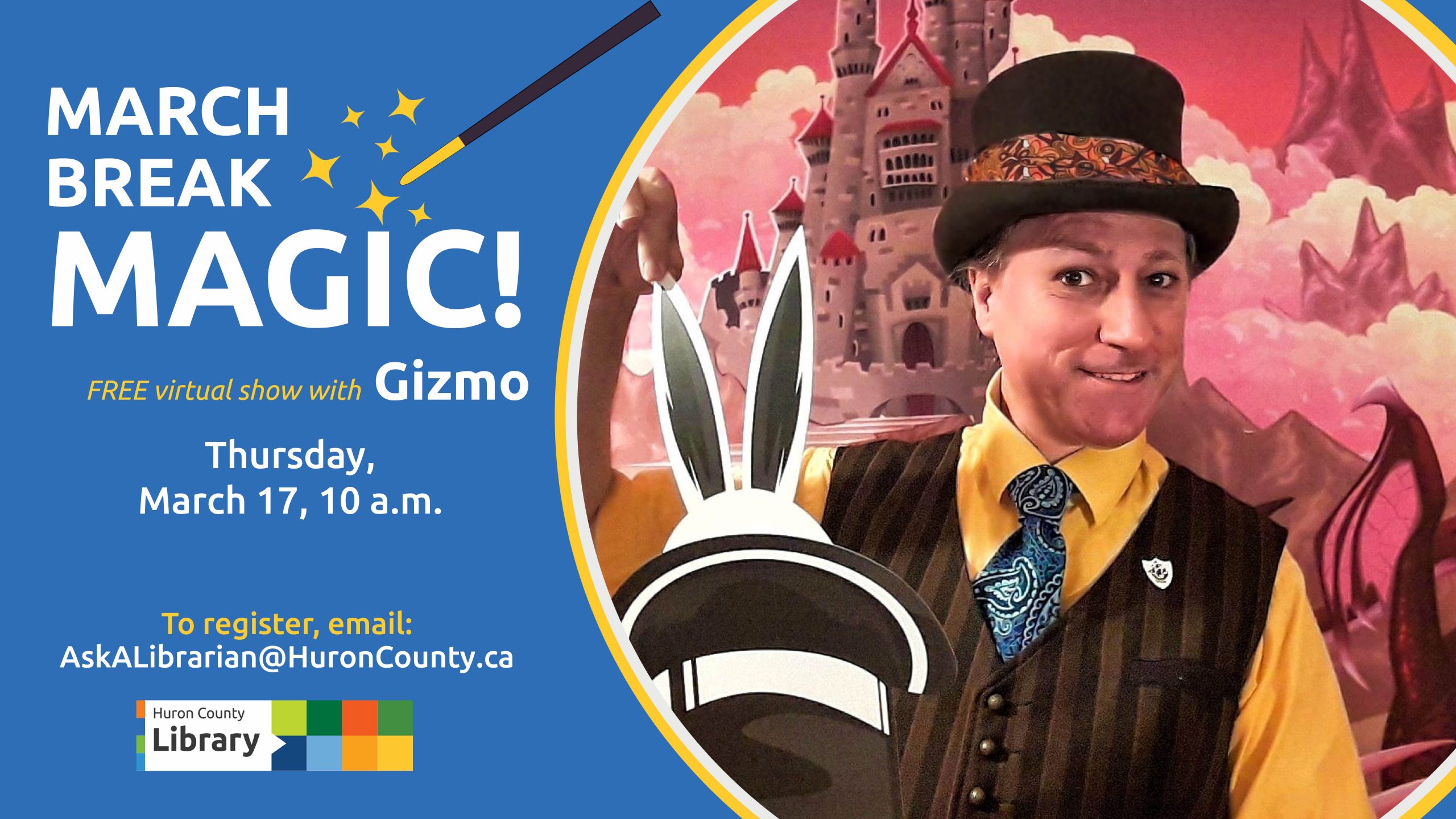 Graphic featuring image of Gizmo the magician and text describing magic show