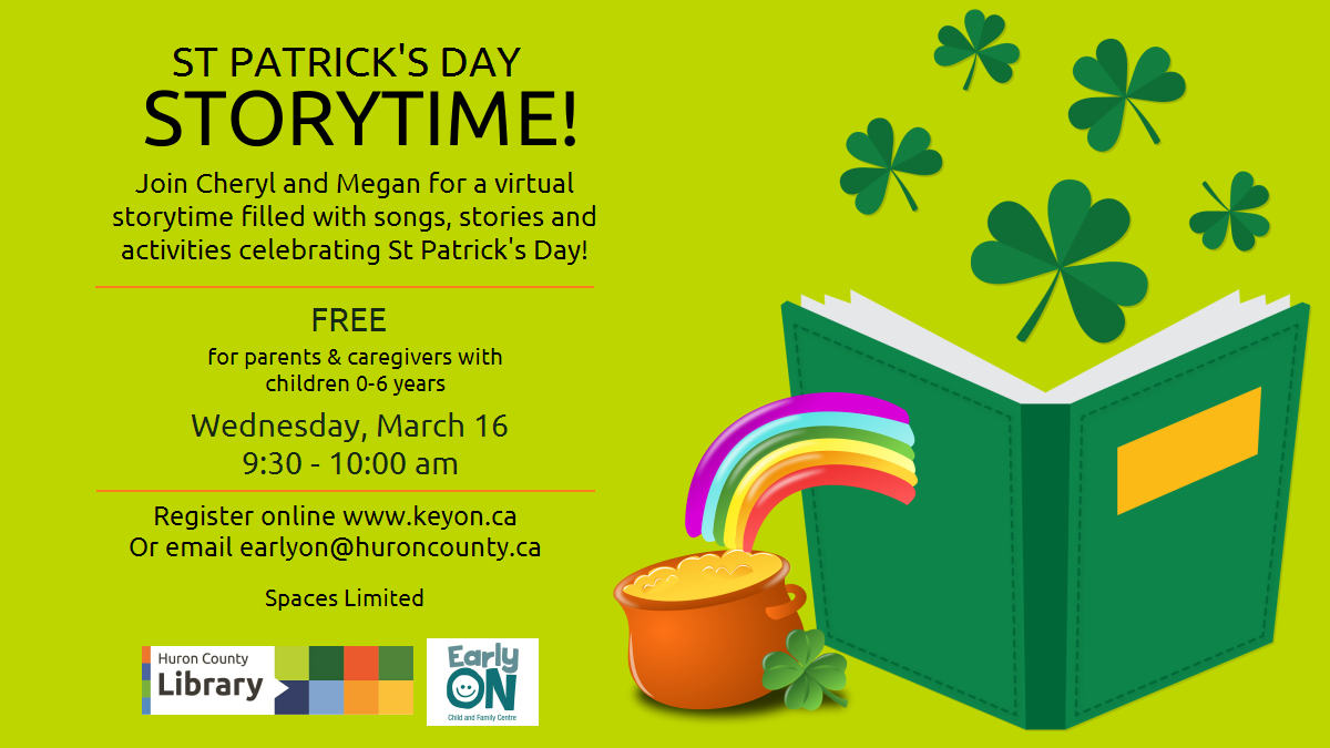 Illustration of shamrocks and a pot of gold with text promoting virtual storytime