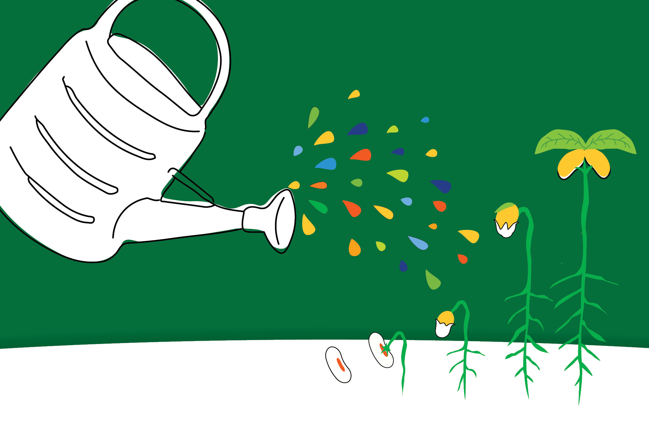 Illustration of a watering can watering seeds