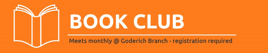 Icon graphic of a book with text promoting Book Club in Goderich