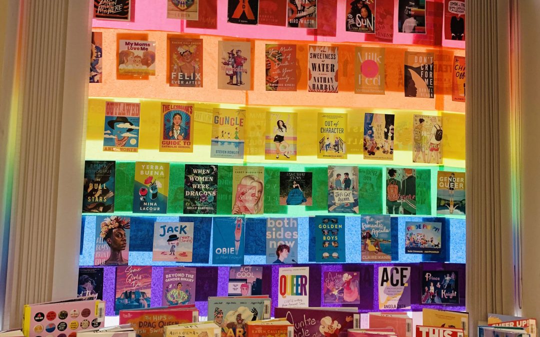 Photo of Pride-themed book display at Clinton Branch