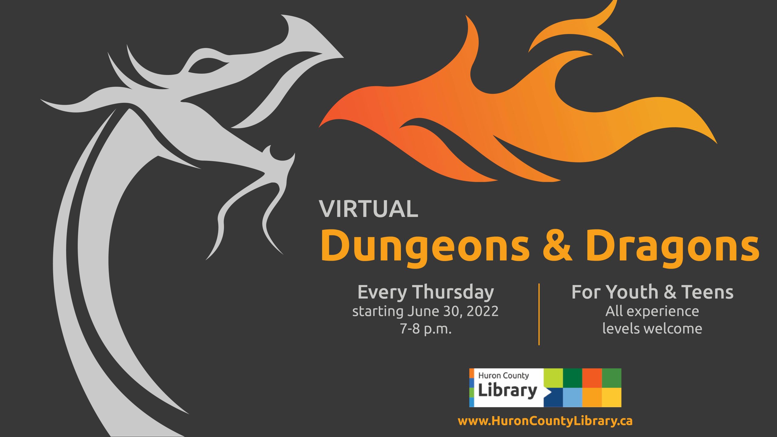 Illustration of a fire-breathing dragon with text promoting virtual Dungeons and Dragons
