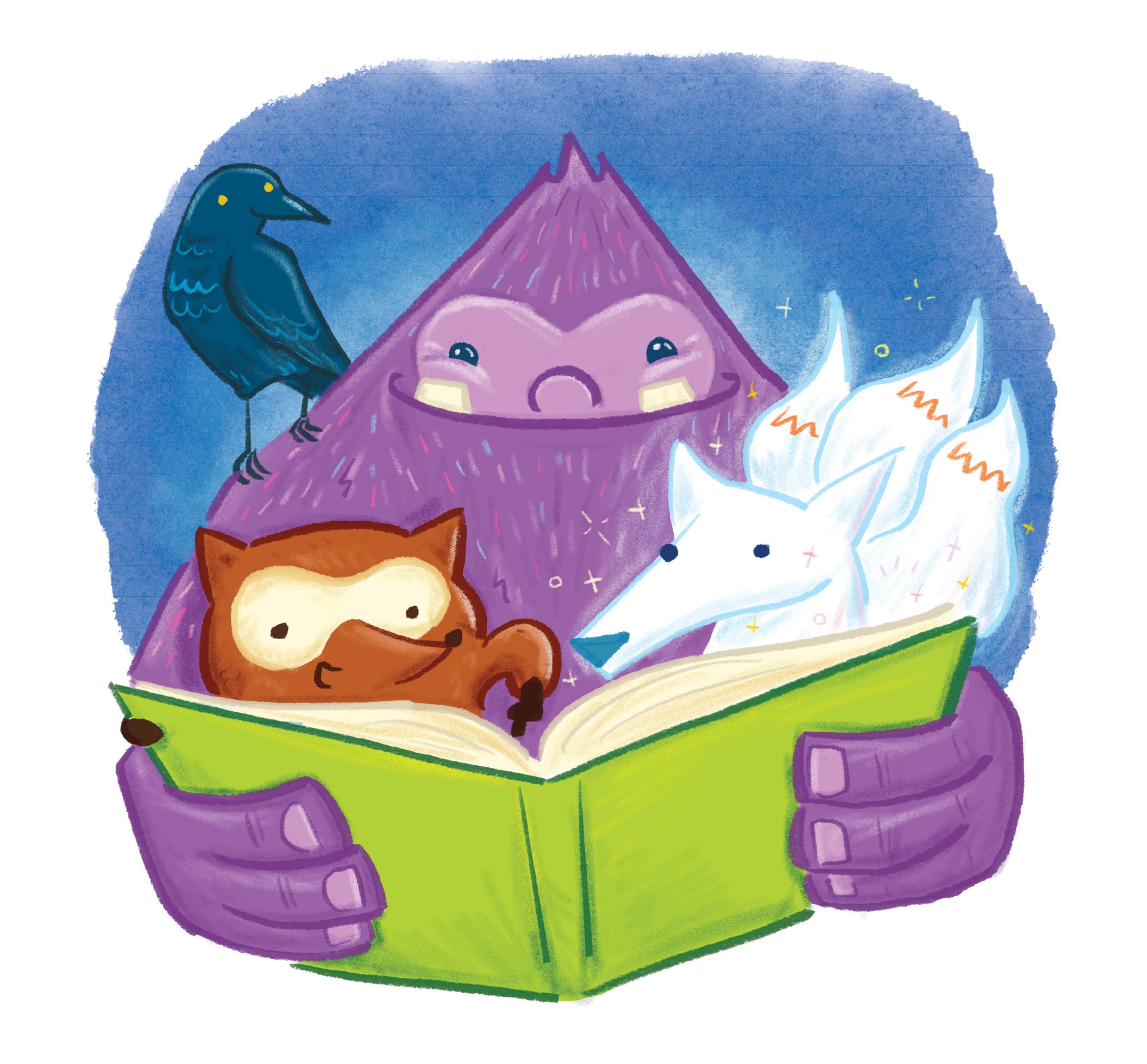 Illustration of creatures reading a book