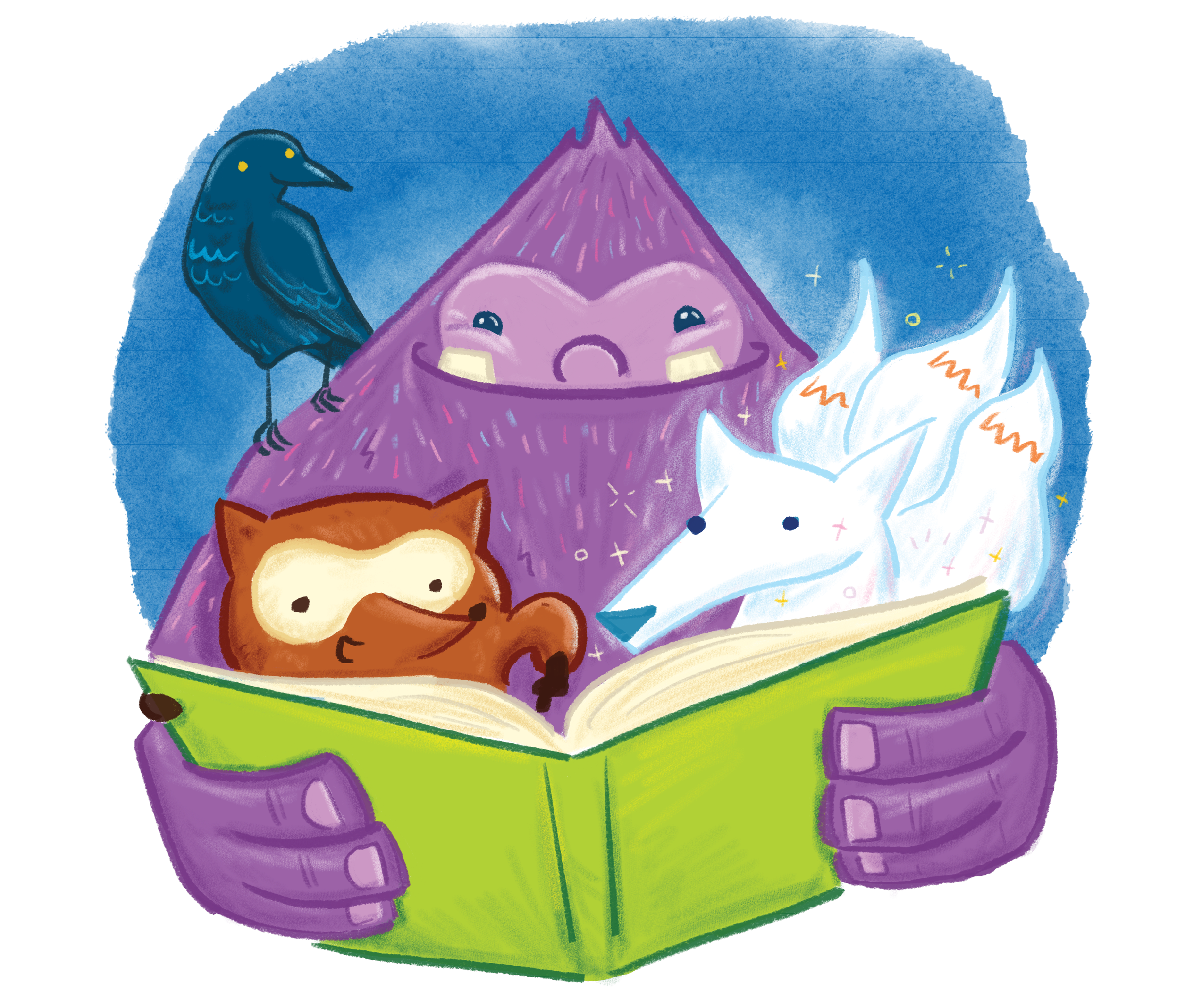 Illustration of creatures reading a book