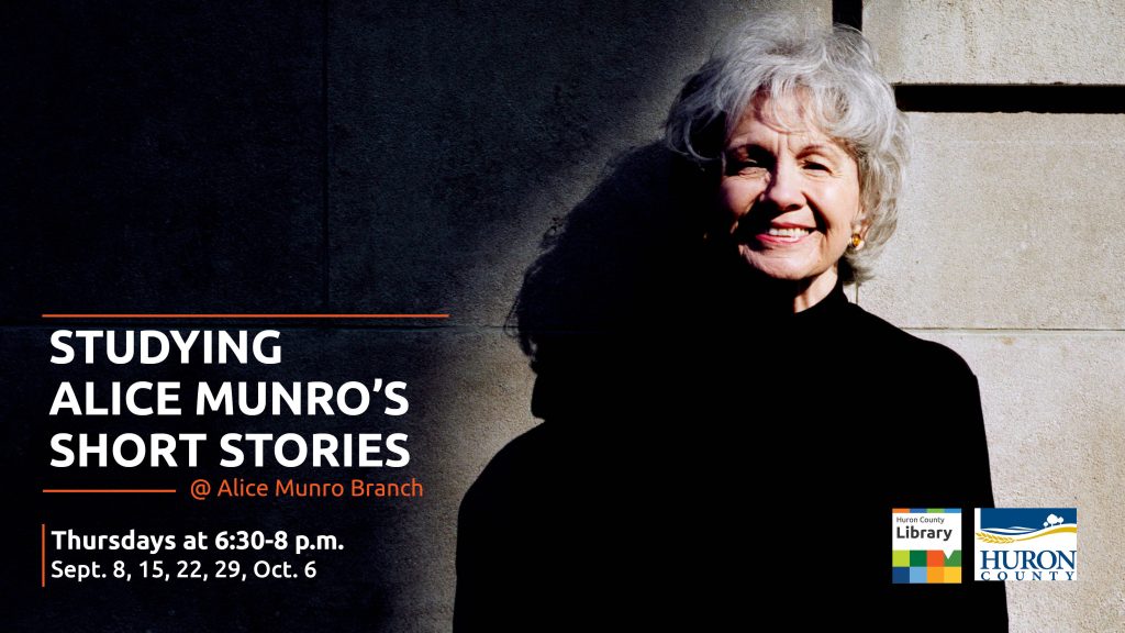 Photo of author Alice Munro with text promoting study series