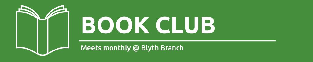 Illustration of an open book with text promoting Blyth Branch Book Club