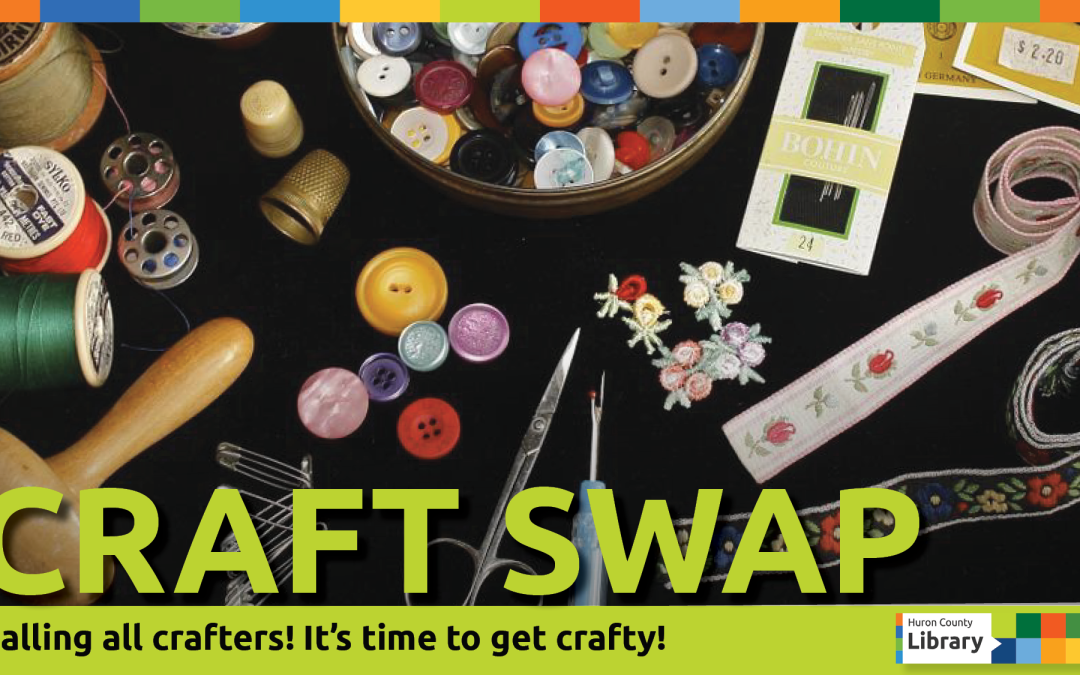 Photo of craft materials with text promoting craft swap