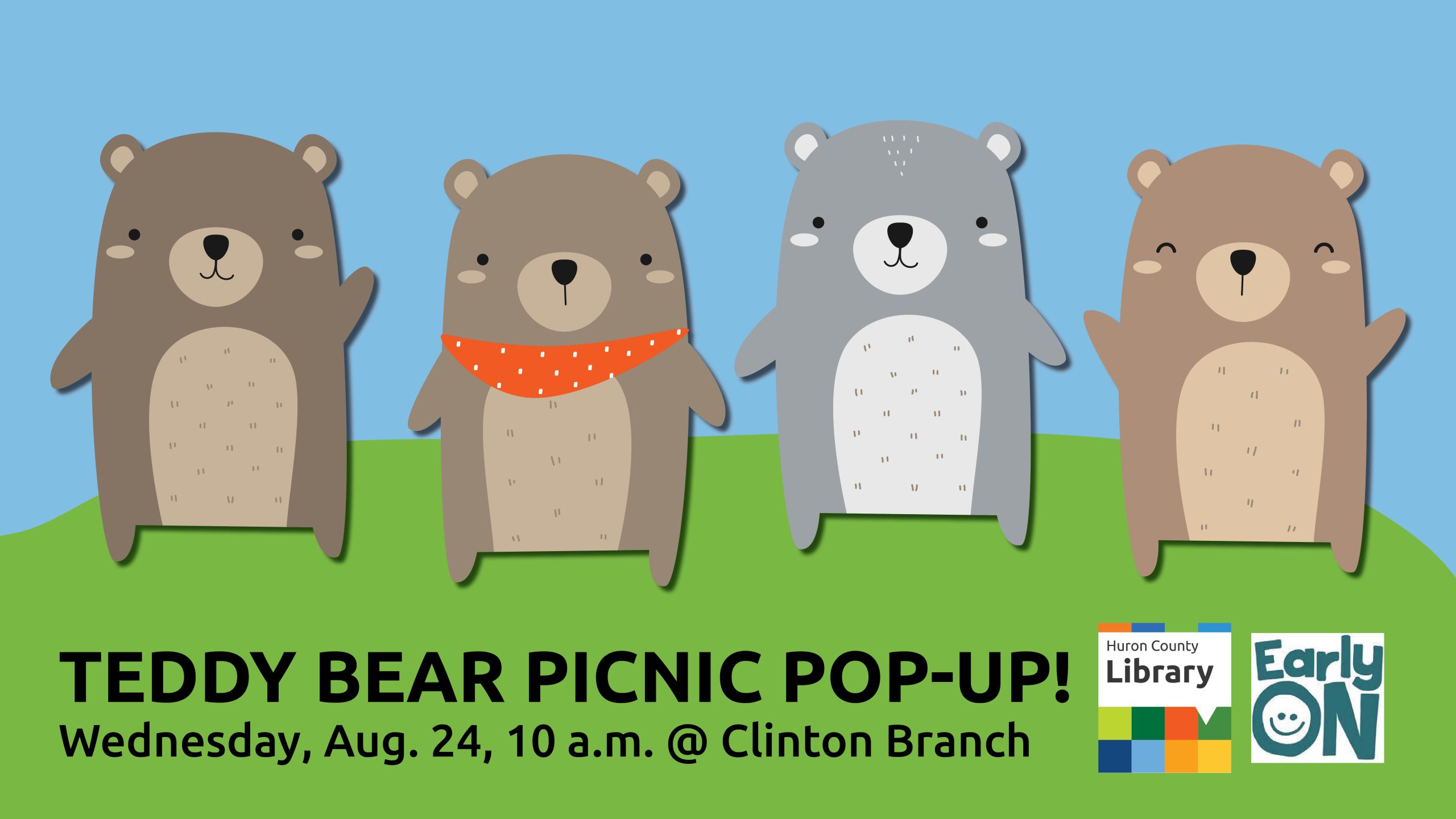 Illustration of four teddy bears on grass with text promoting Teddy Bear Picnic Pop-up