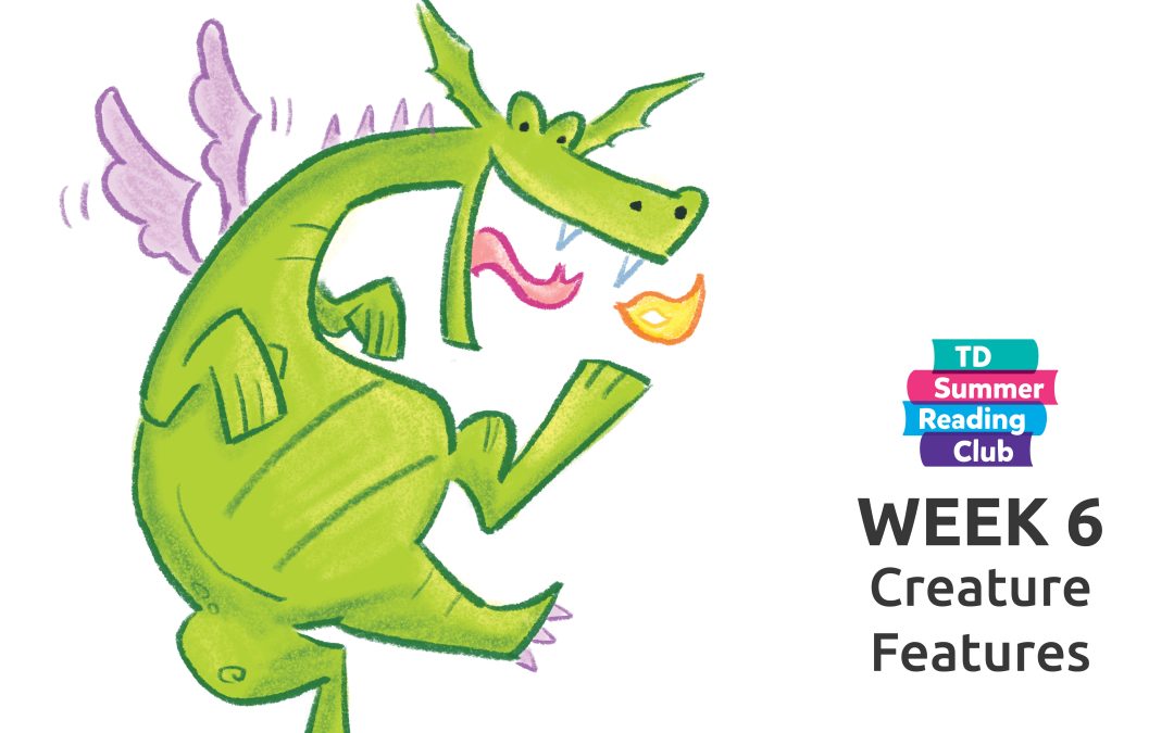 illustration of a dragon with text promoting week 6 summer reading club