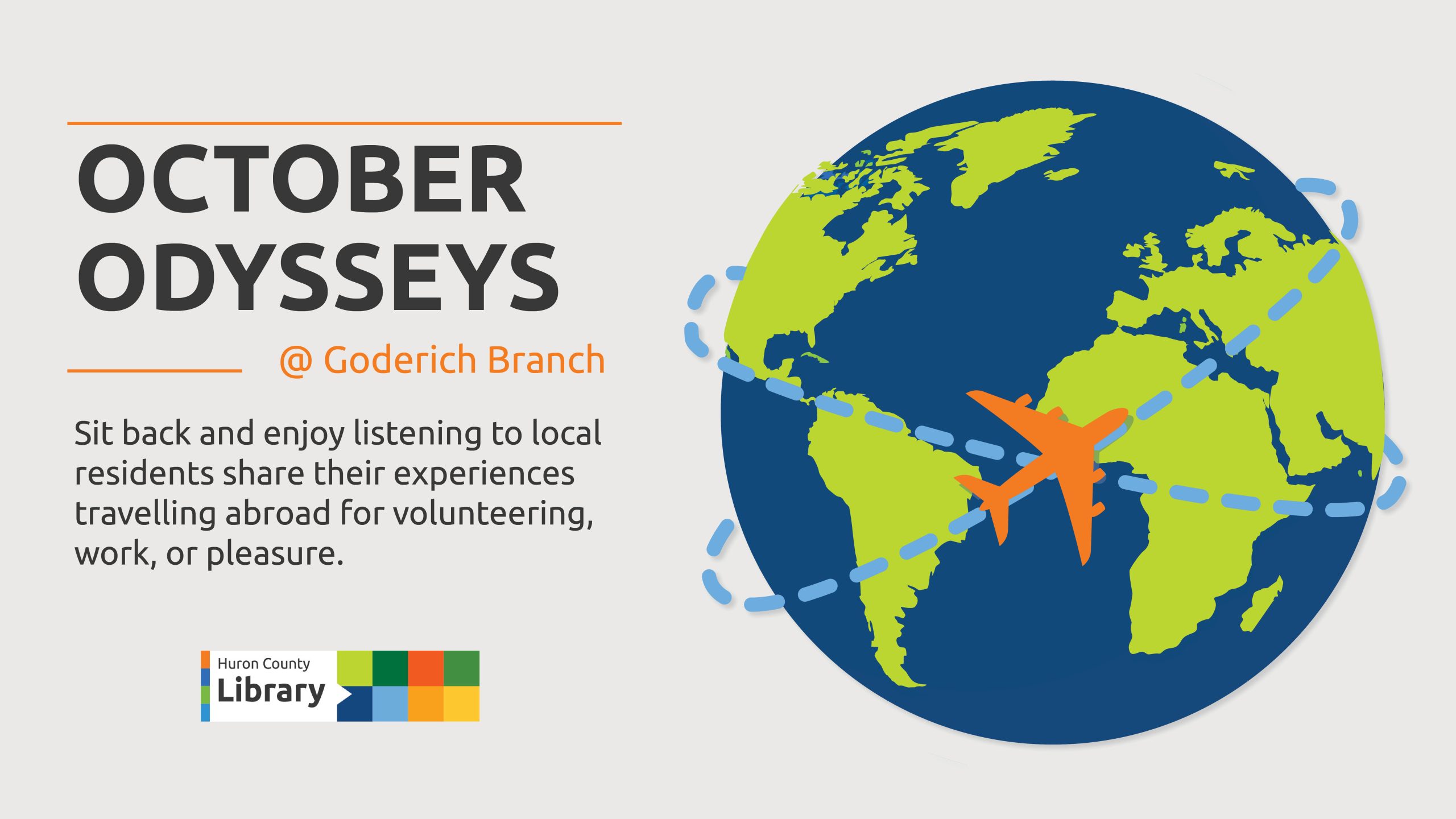 Illustration of a plane travelling around the world with text promoting October Odysseys travel series