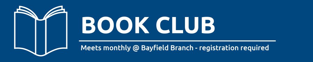 Illustration of a book promoting monthly book club in Bayfield