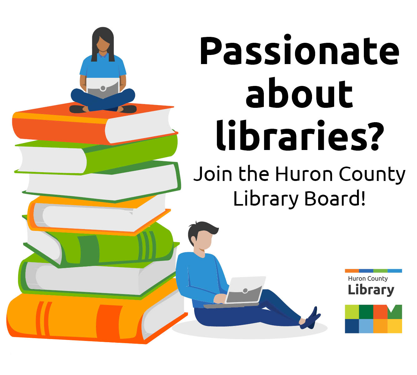Illustration of two people on laptops sitting on a stack of books with text inviting public to join the library board