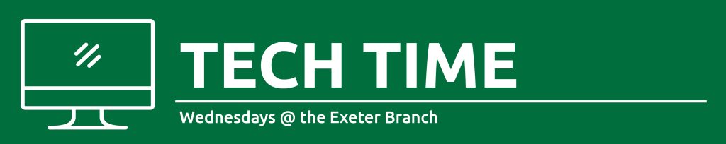 Illustration of a computer with text promoting tech time at Exeter Branch