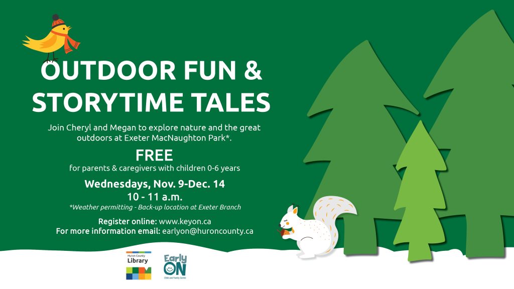 Illustrations of pine trees, snow, white squirrel and a bird. Text promoted Outdoor Fun & Storytime Tales