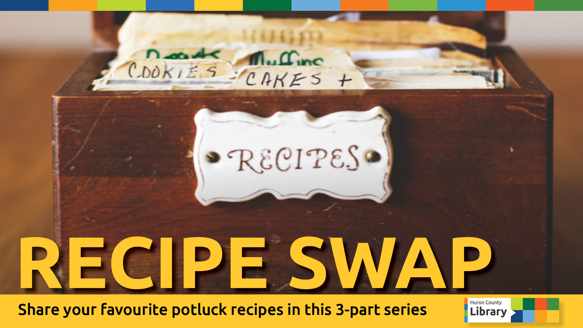 Image of a recipe box with text promoting potluck recipe swap