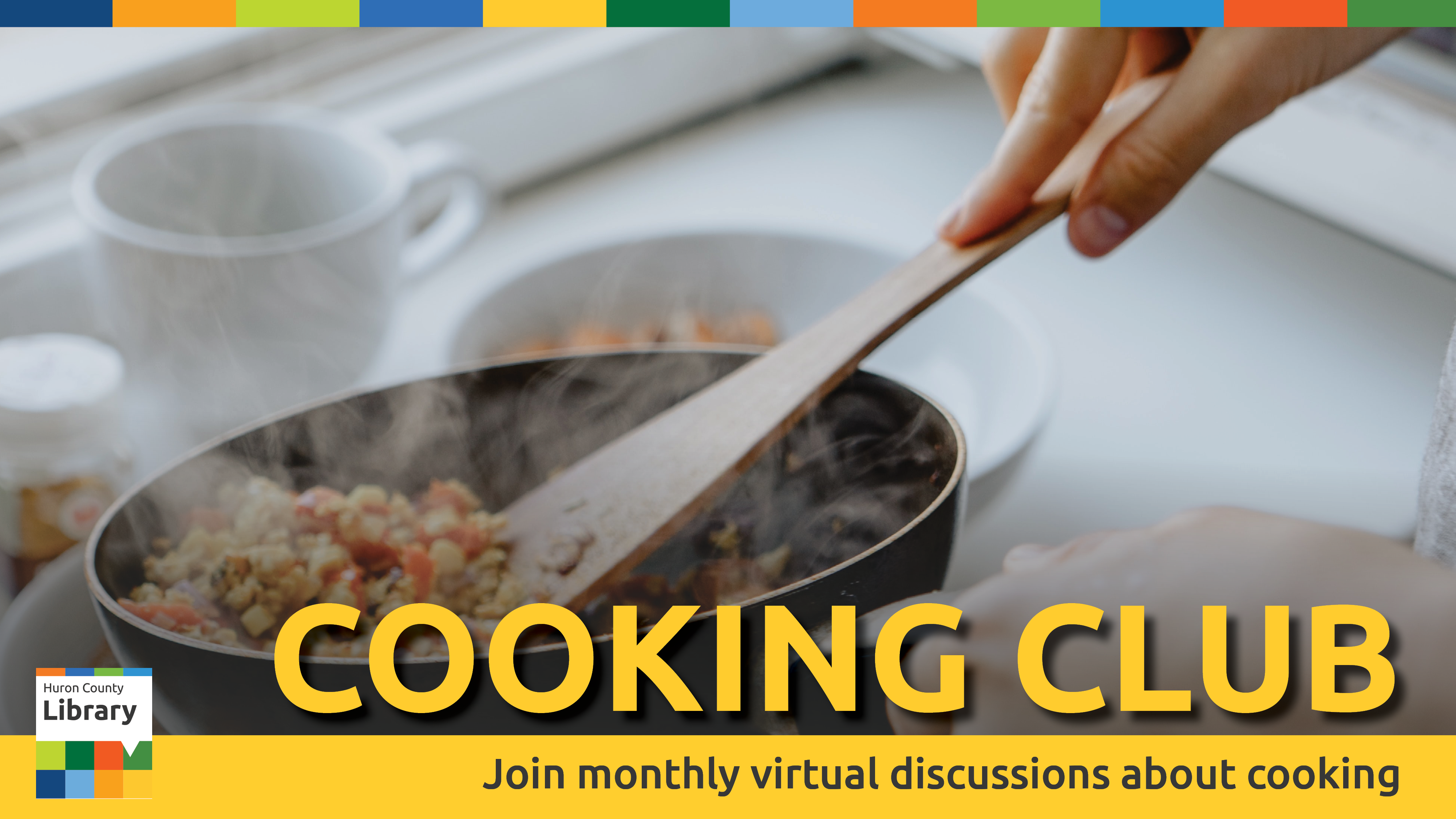 Image of someone cooking on a stove with text promoting virtual cooking club