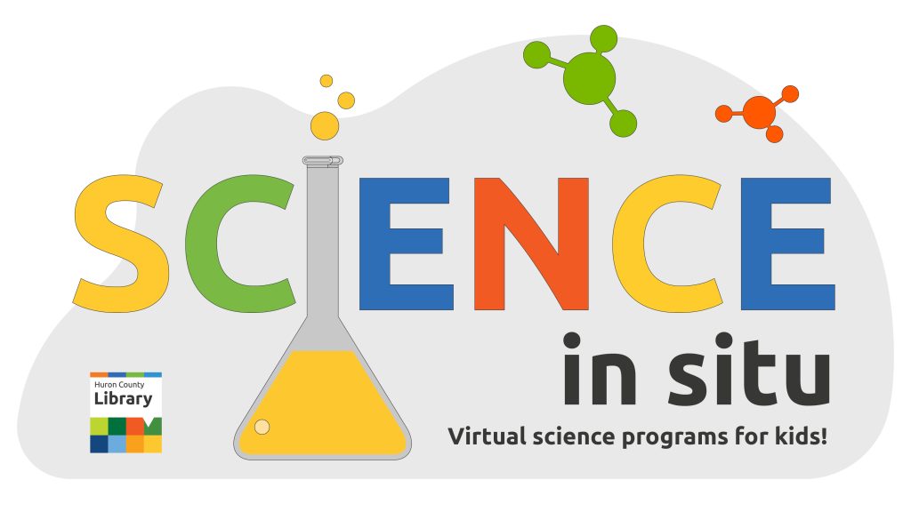 Illustration of a beaker with text promoting Science in Situ virtual programs for kids