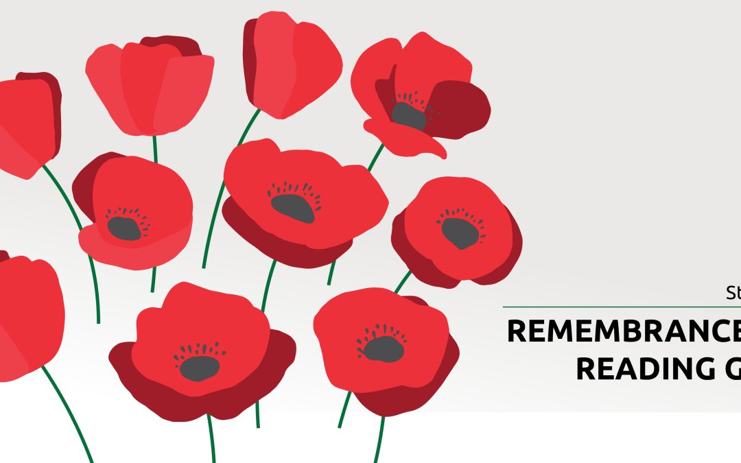 Illustration of poppies with text promoting Remembrance Day reading guide