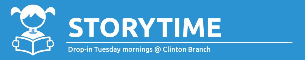 Illustration of a girl with a book with text promoting storytime in Clinton