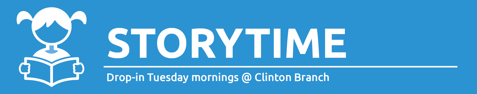 Illustration of a girl with a book with text promoting storytime in Clinton