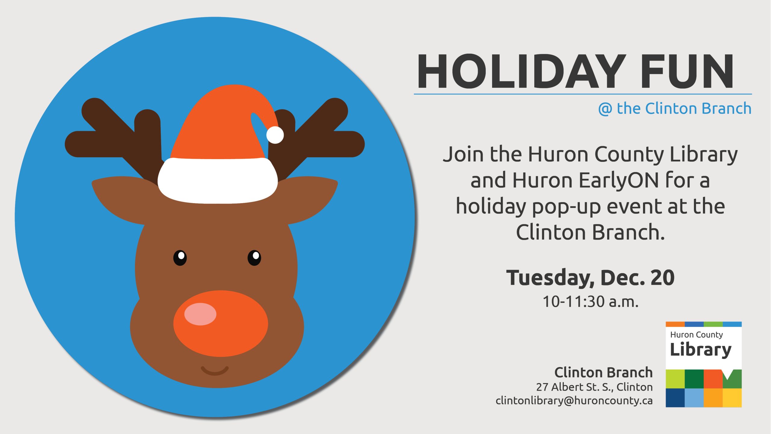 Illustration of a reindeer with text promoting holiday fun activities at the Clinton Branch