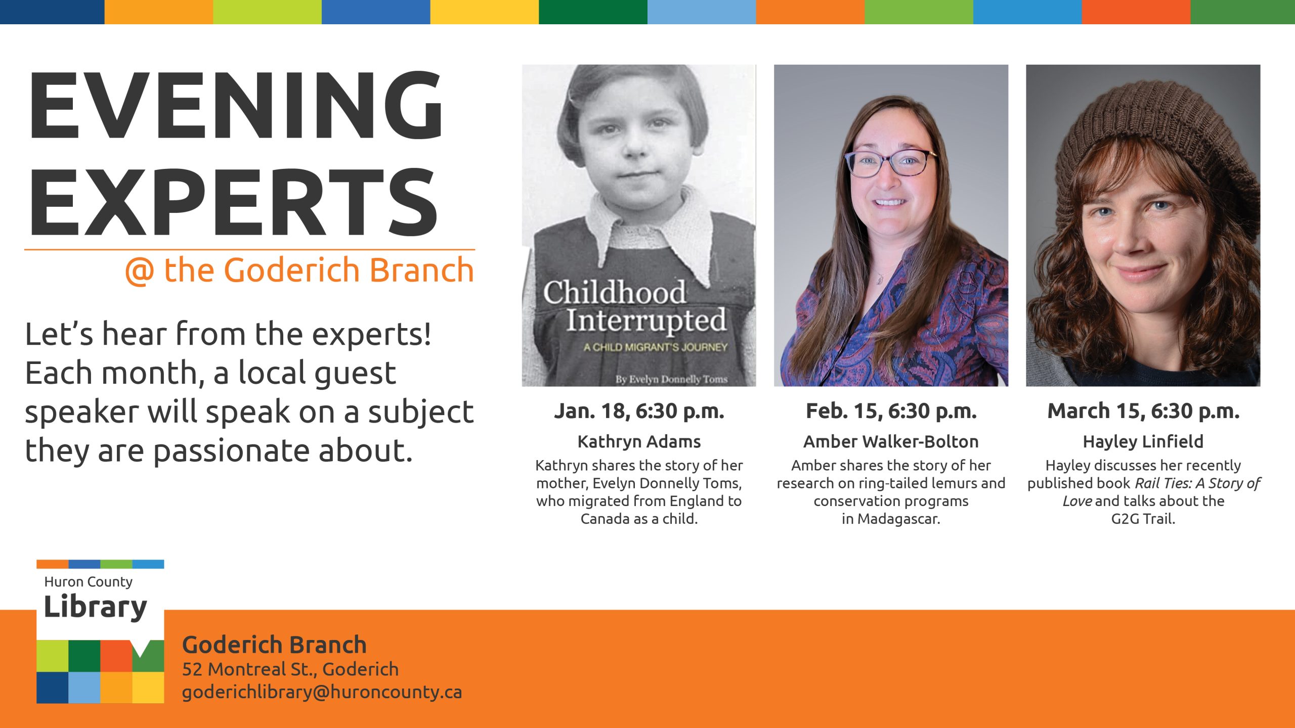Images of guest speakers along with text promoting evening experts at the Goderich Branch