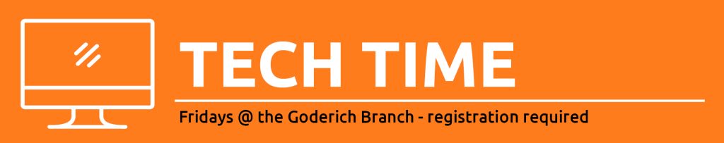 Illustration of a computer with text promoting tech time at Goderich Branch