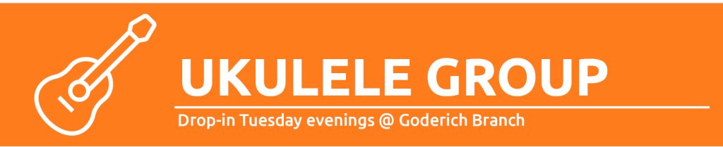 Illustration of a ukulele with text promoting weekly ukulele group at Goderich branch