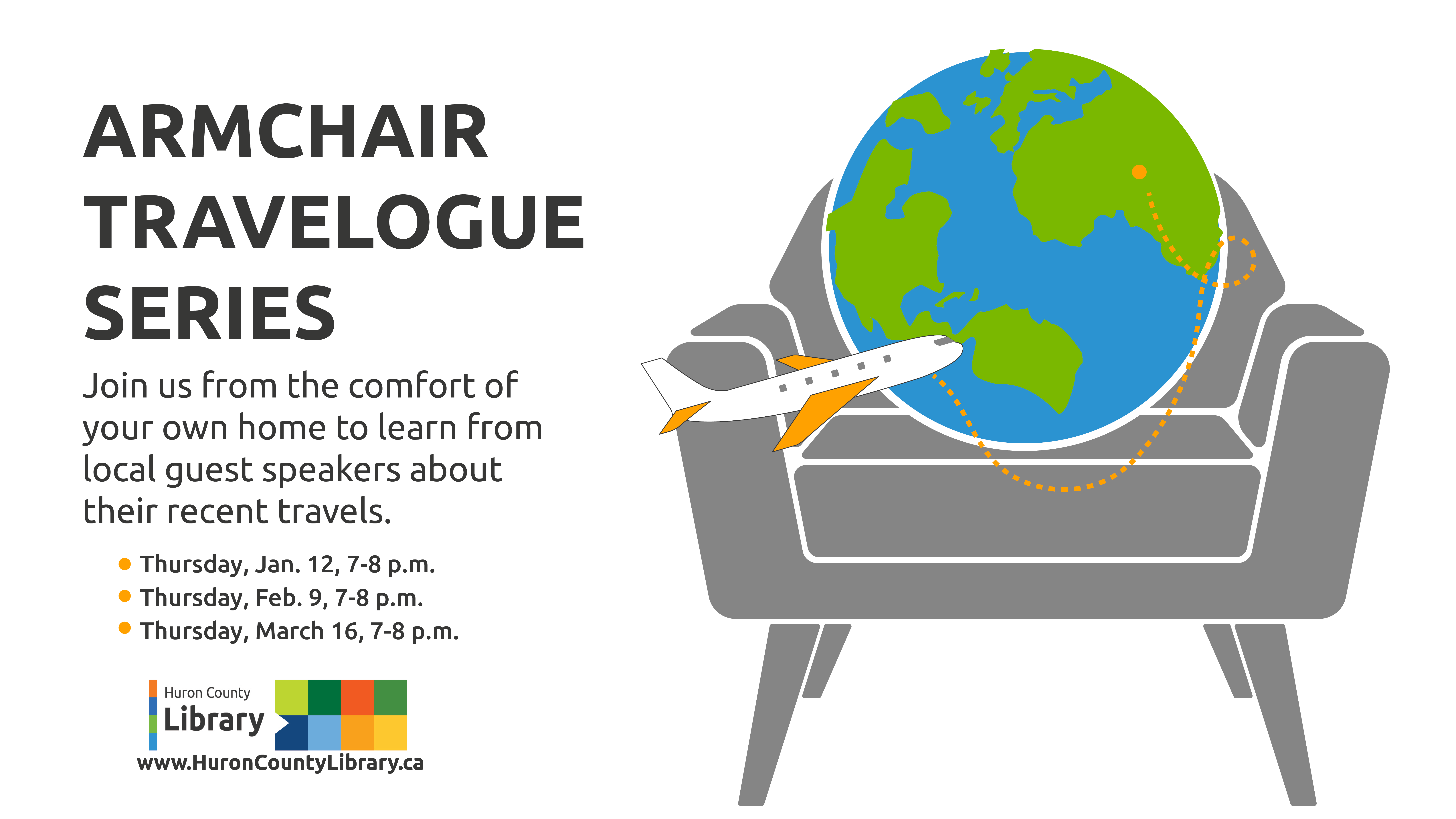 Illustration of an armchair with an illustration of the world and airplane flying around