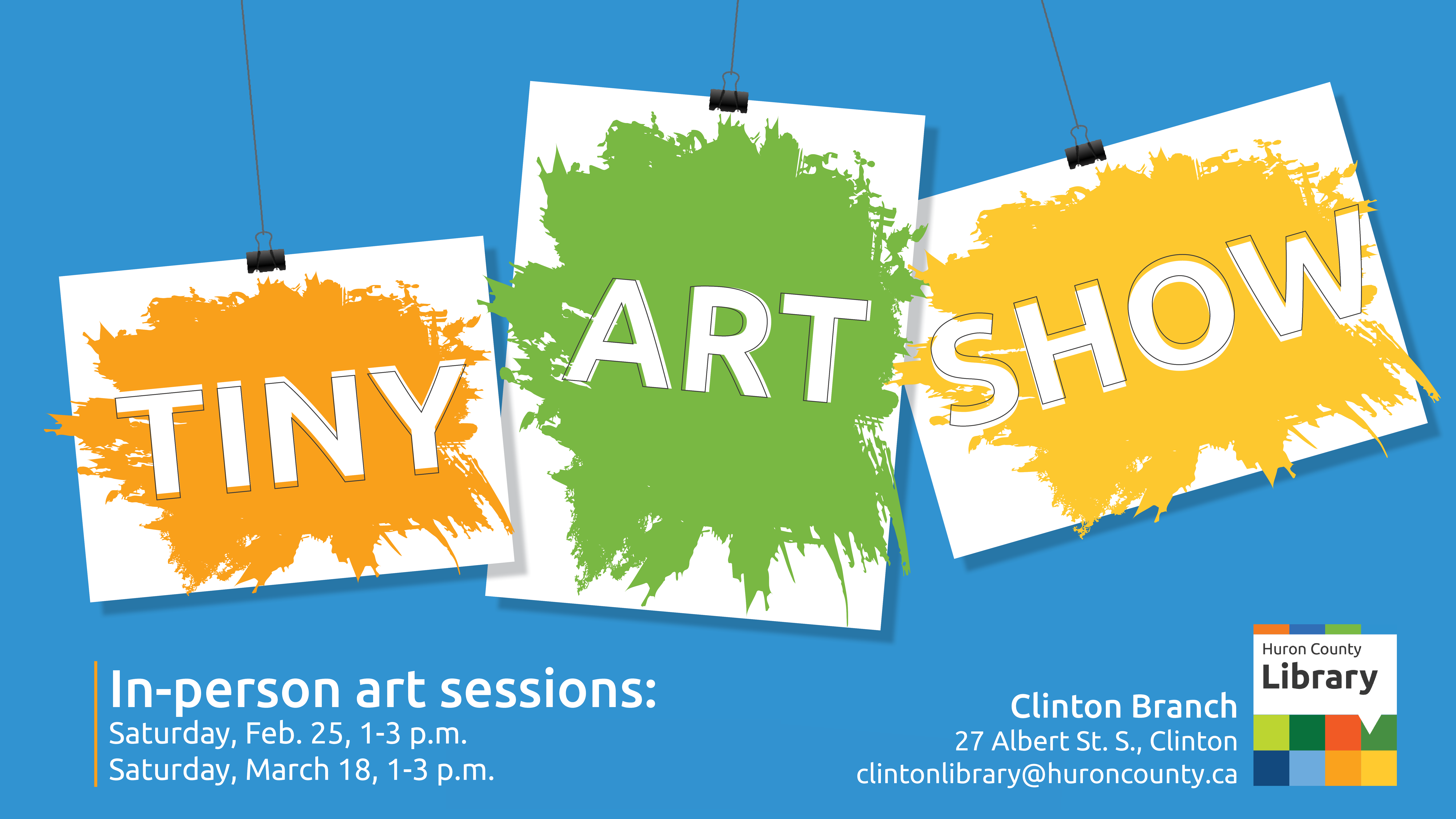 Illustrations of three tiny canvases with paint splatters and text the reads Tiny Art Show