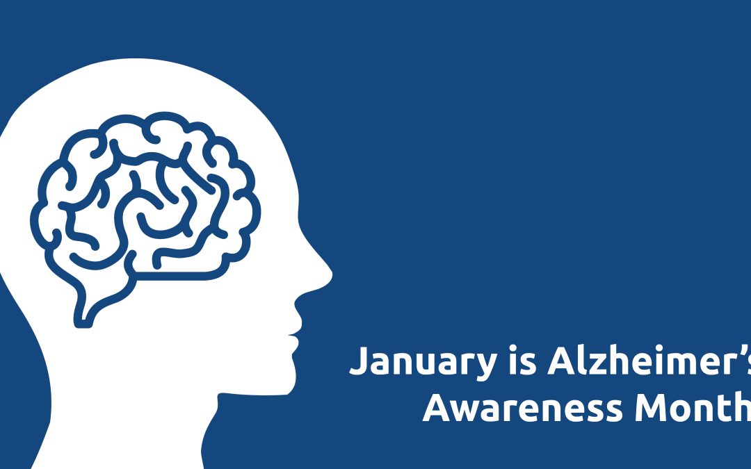 Illustration of a human head and brain with text promoting Alzheimer's Awareness Month