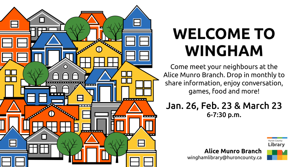 Illustration of a houses in a neighbourhood with text promoting Welcome to Wingham program