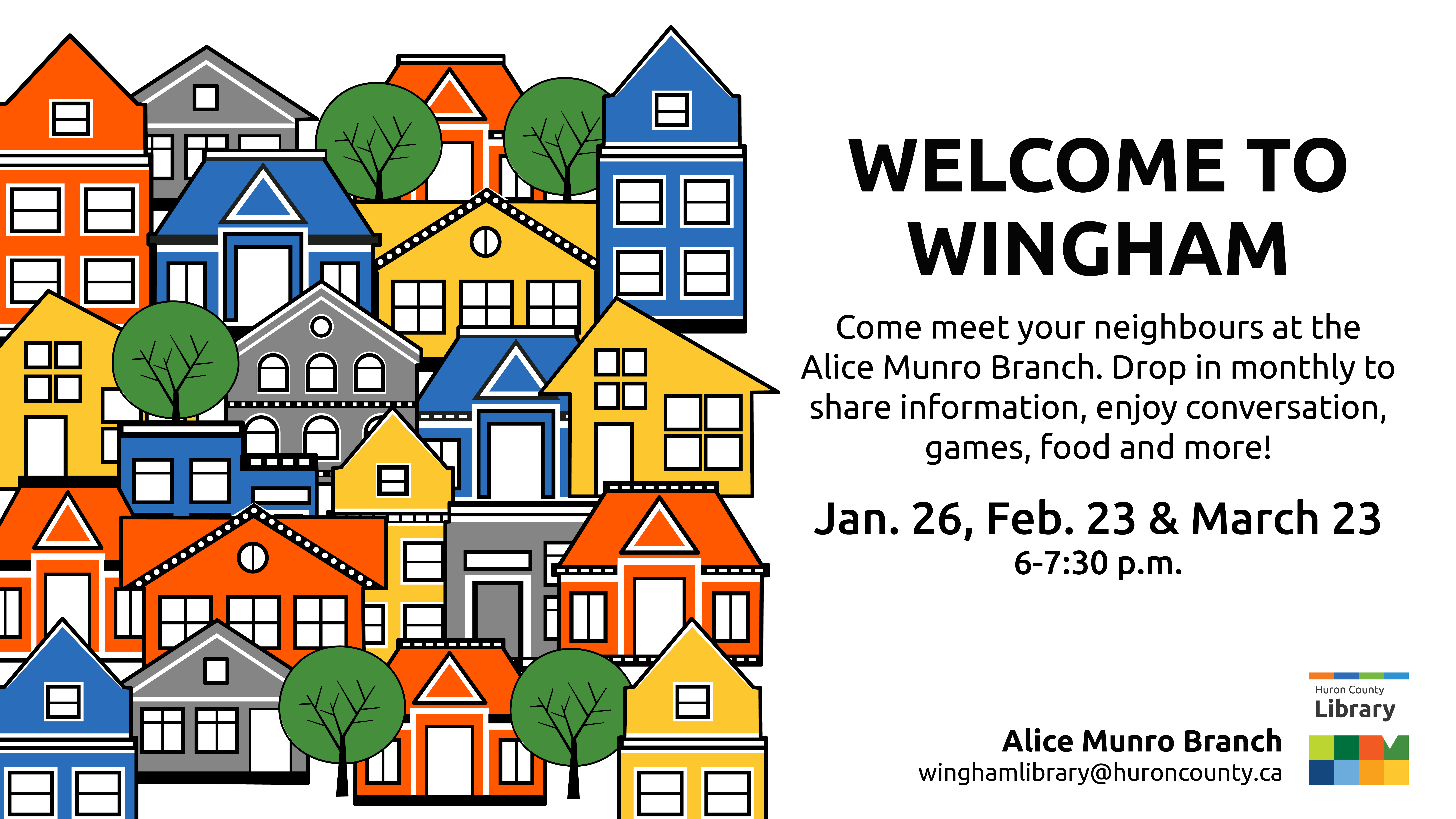 Illustration of a houses in a neighbourhood with text promoting Welcome to Wingham program