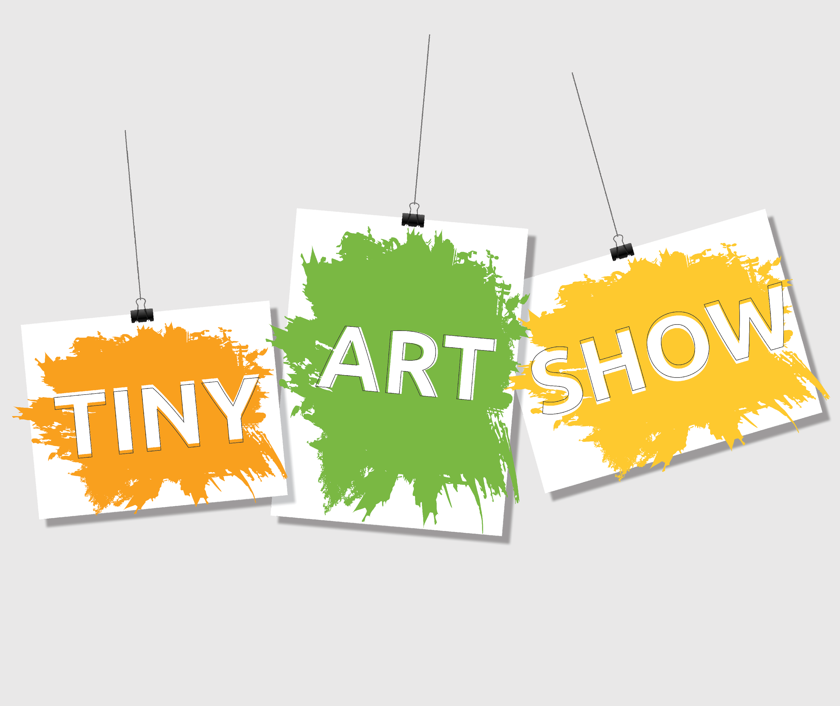Illustration of three tiny canvases with colourful paint splatters and text that reads Tiny Art Show