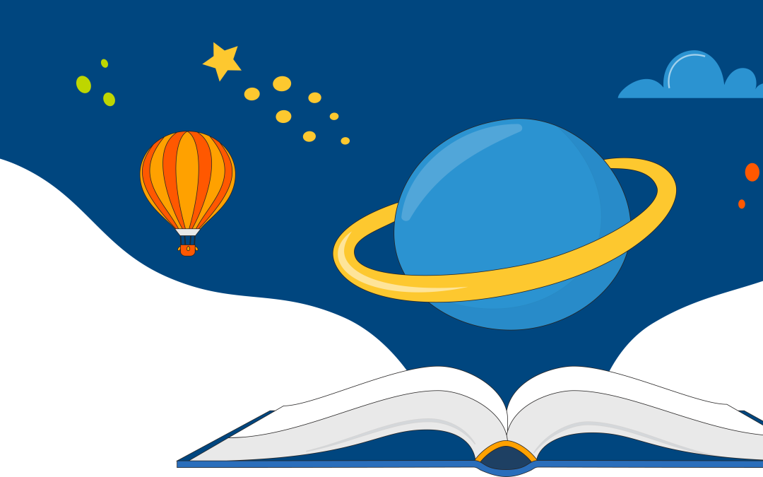 Illustration of an open book with a dark sky pouring out with planets, stars, rocket ship and hot air balloon