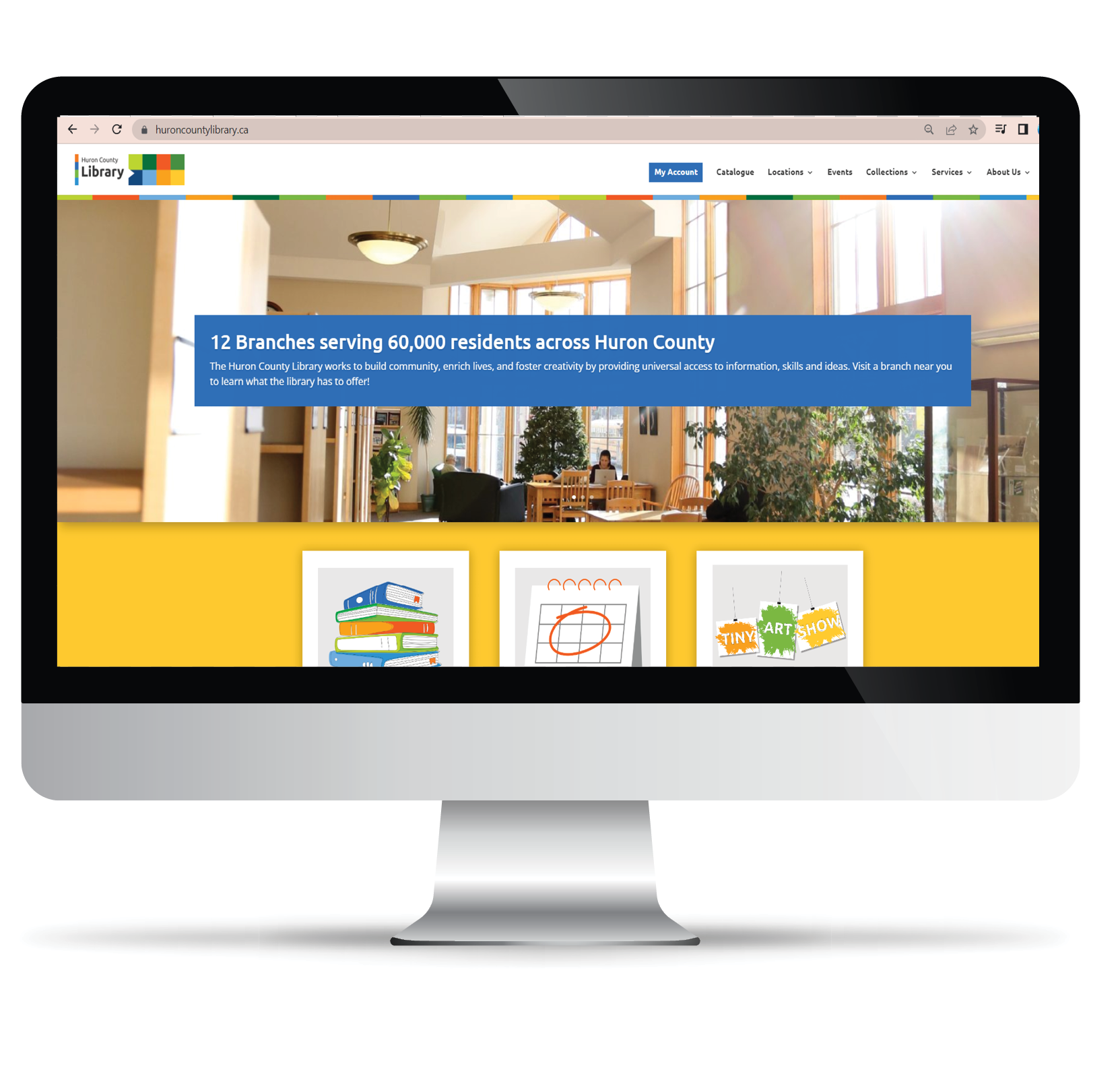 HCL - website Image of a computer with the Huron County Library home page on the screen.