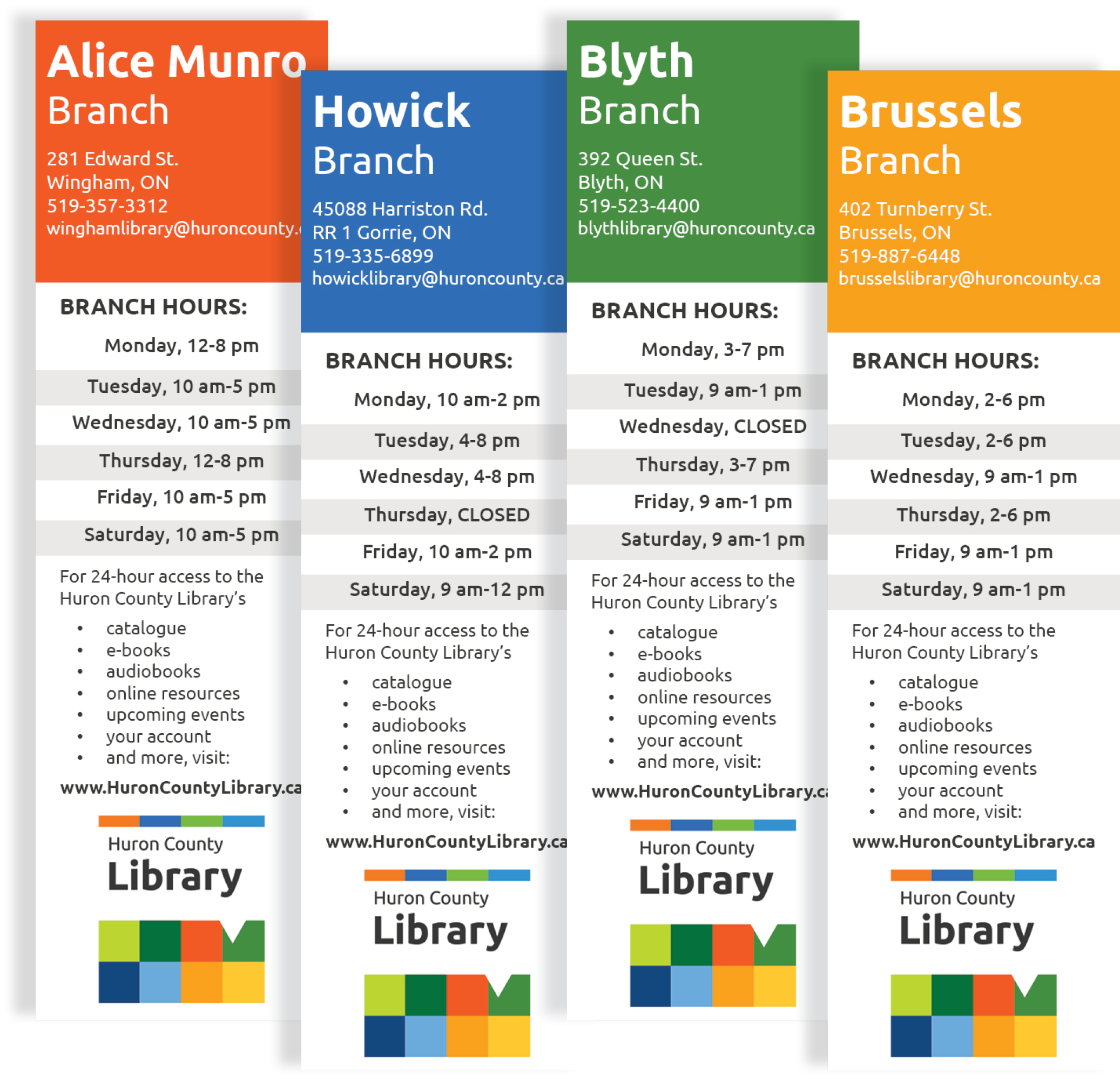 Four Library bookmarks with text outlining branch hours at Wingham, Howick, Blyth and Brussels.