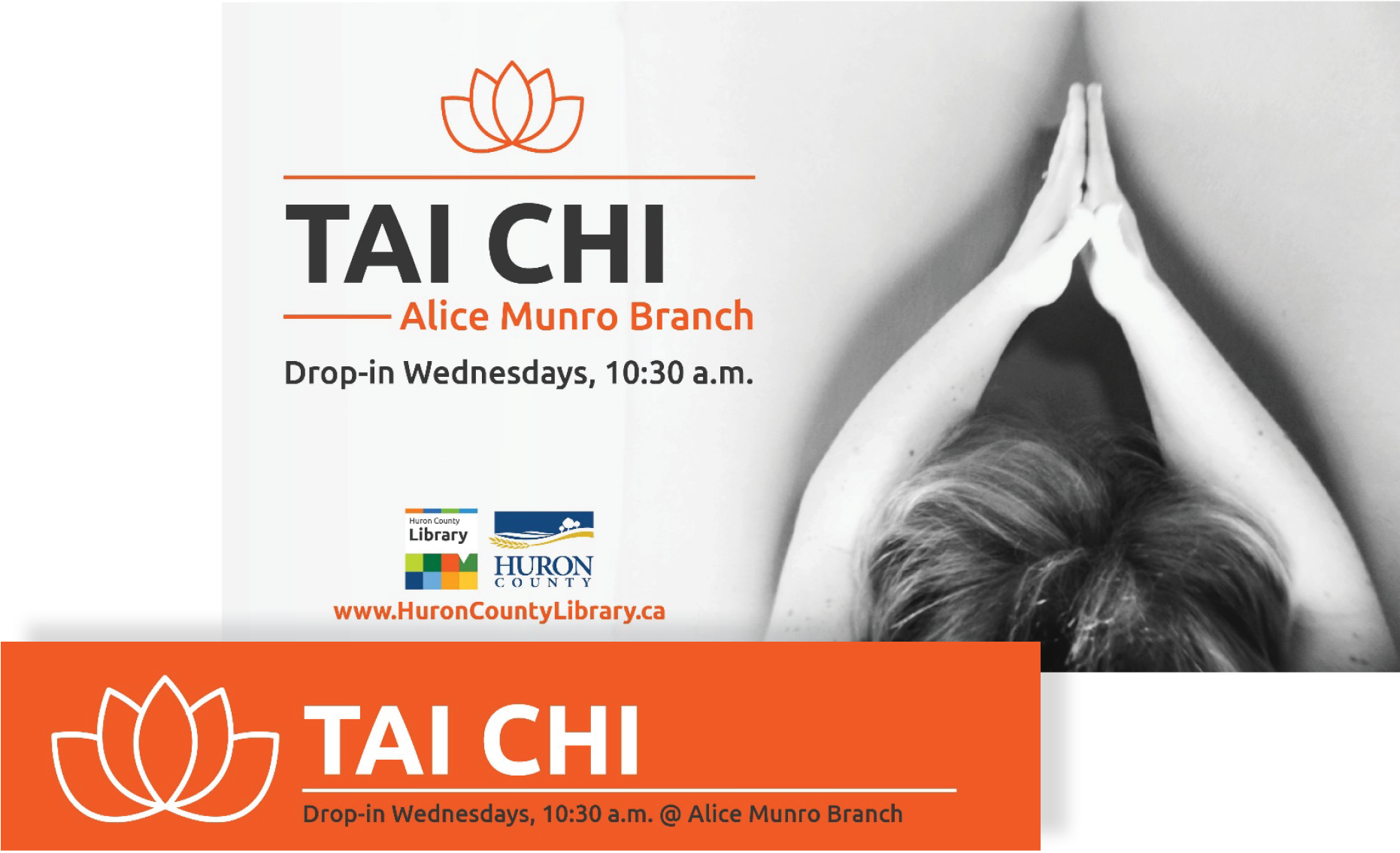 Image of a poster and event banner promoting Tai Chi in Wingham. Poster features a black and white image of a head and hands in prayer pose. Event banner features an illustration of a lotus flower.