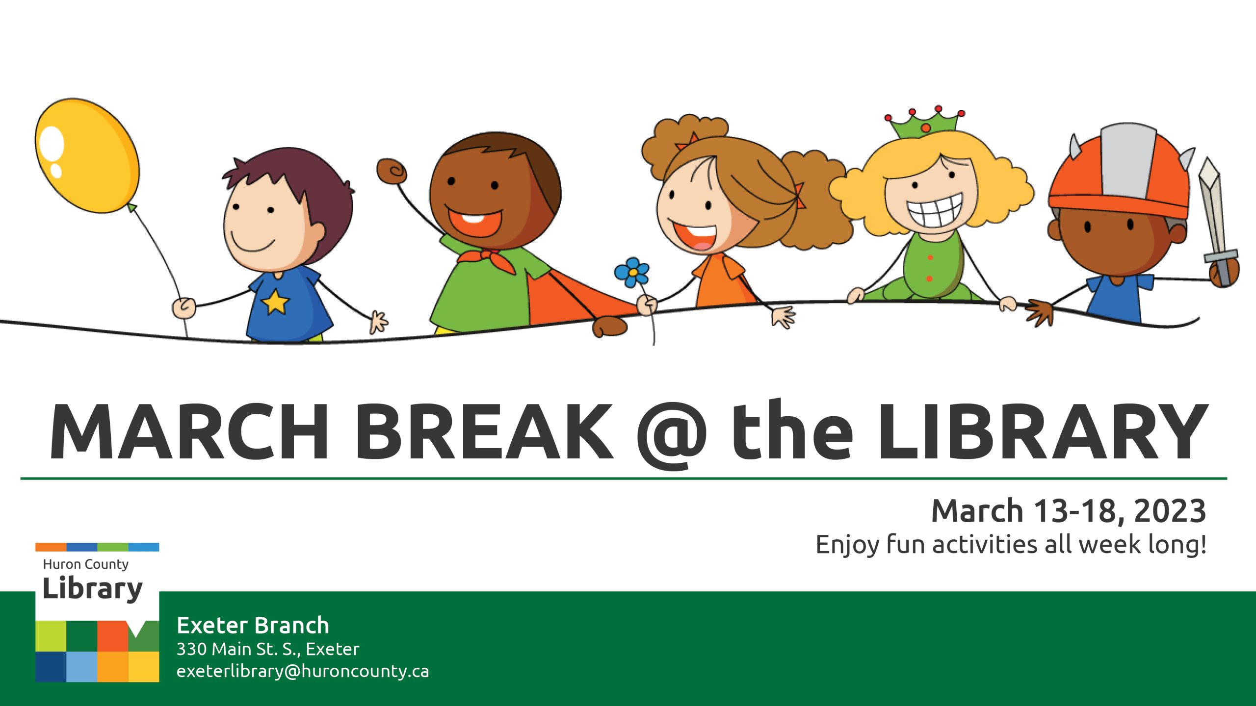 Illustration of 5 kids having fun with text promoting March Break at Exeter Branch