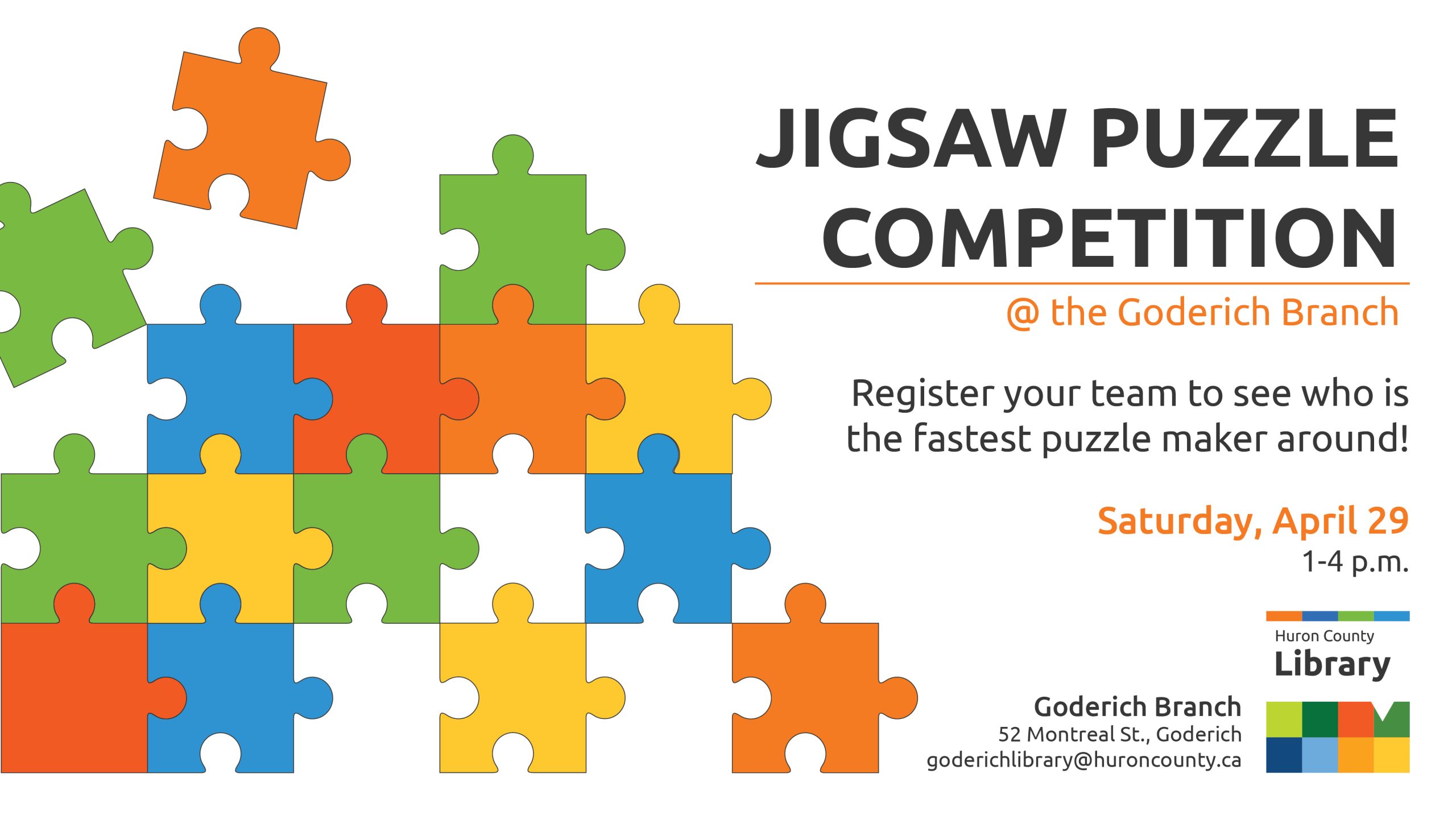Illustration of puzzle pieces with text promoting puzzle competition at Goderich Branch.