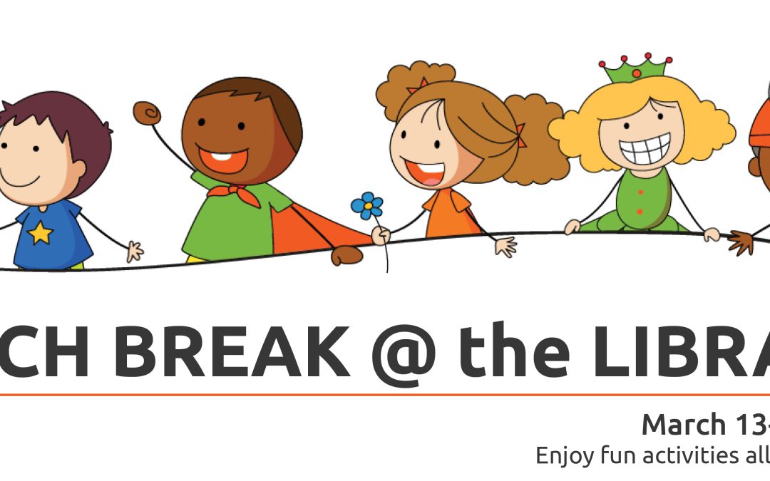 Illustration of 5 kids having fun with text promoting March Break at the Huron County Library