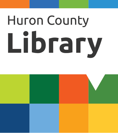 Huron County Library logo that features 12 different colours representing each branch. A white speech bubble is placed on top of the colour blocks with text reading Huron County Library