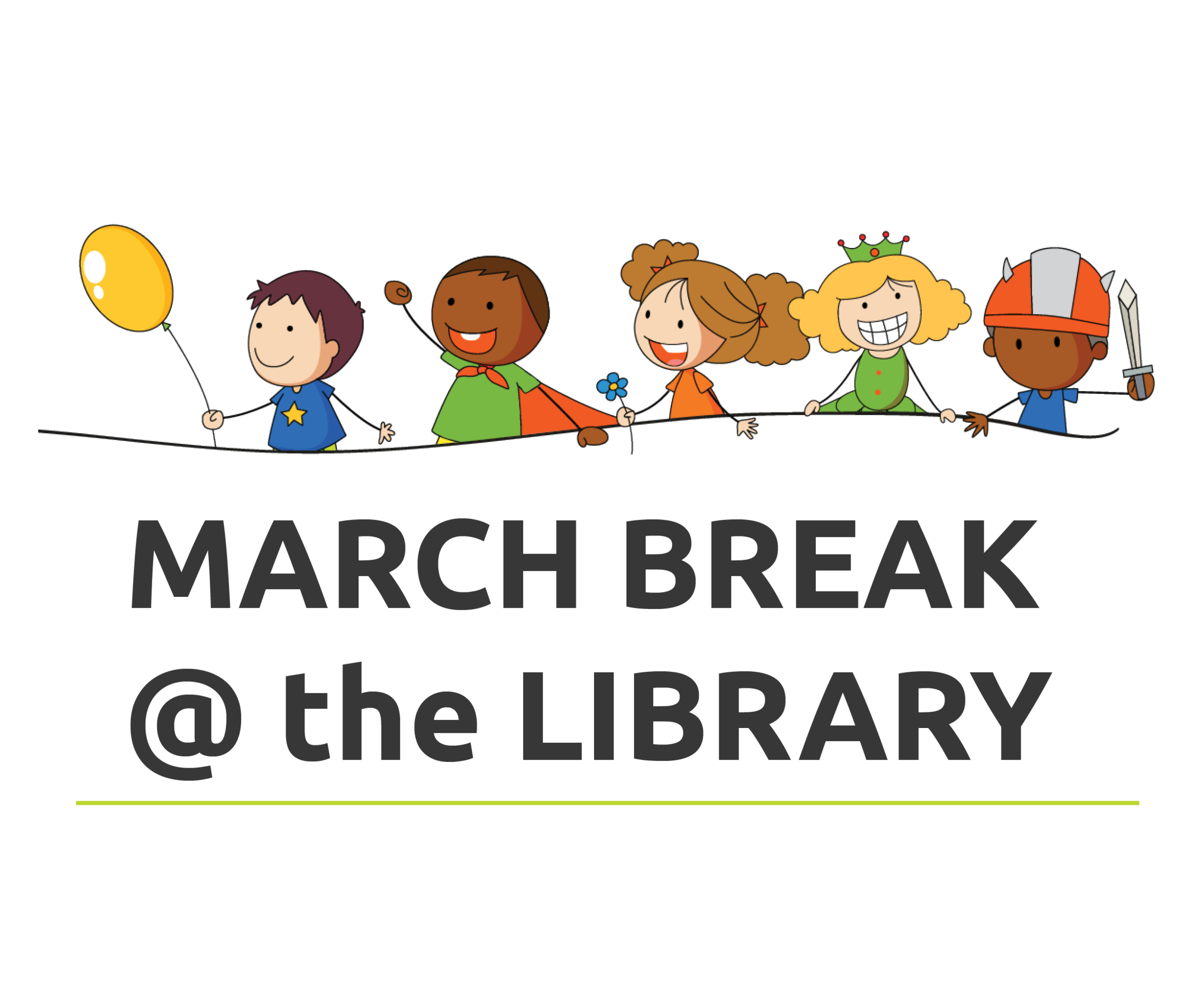 Illustration of 5 kids having fun with text promoting March Break at the Huron County Library