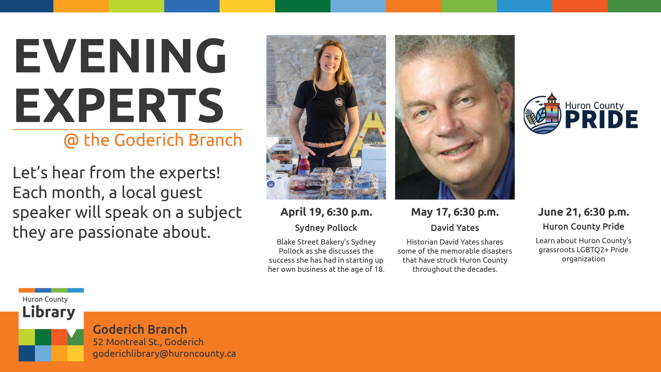 Three images of guest speakers for Goderich Branch's Evening Experts Program