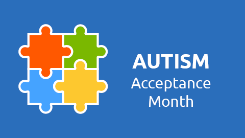 Illustration of four puzzle pieces put together with text promoting Autism Awareness Month