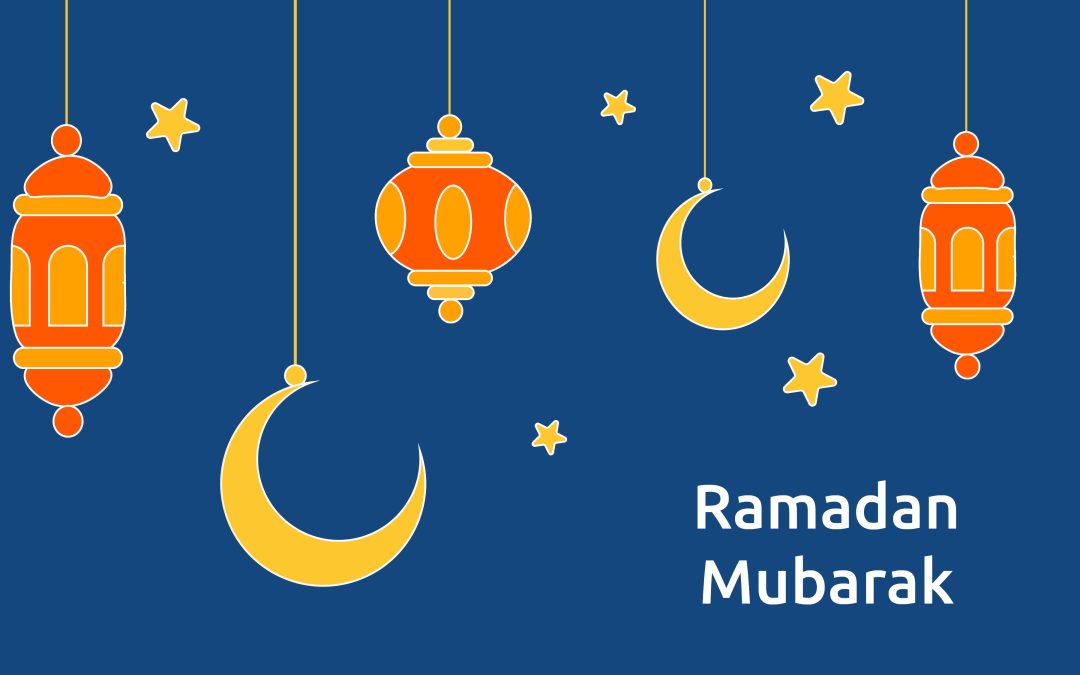 Illustrations of lamps, moons and stars with text that reads Ramadan Mubarak
