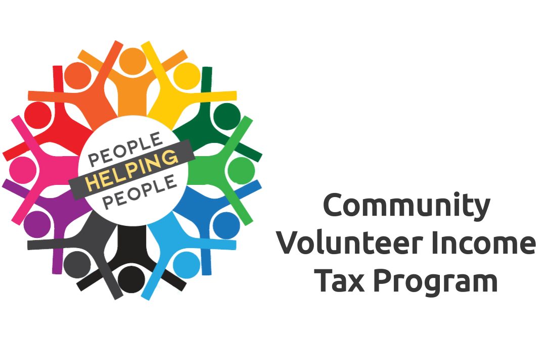 Illustration of people holding hands in a circle with text that reads People Helping People and Community Volunteer Income Tax Program