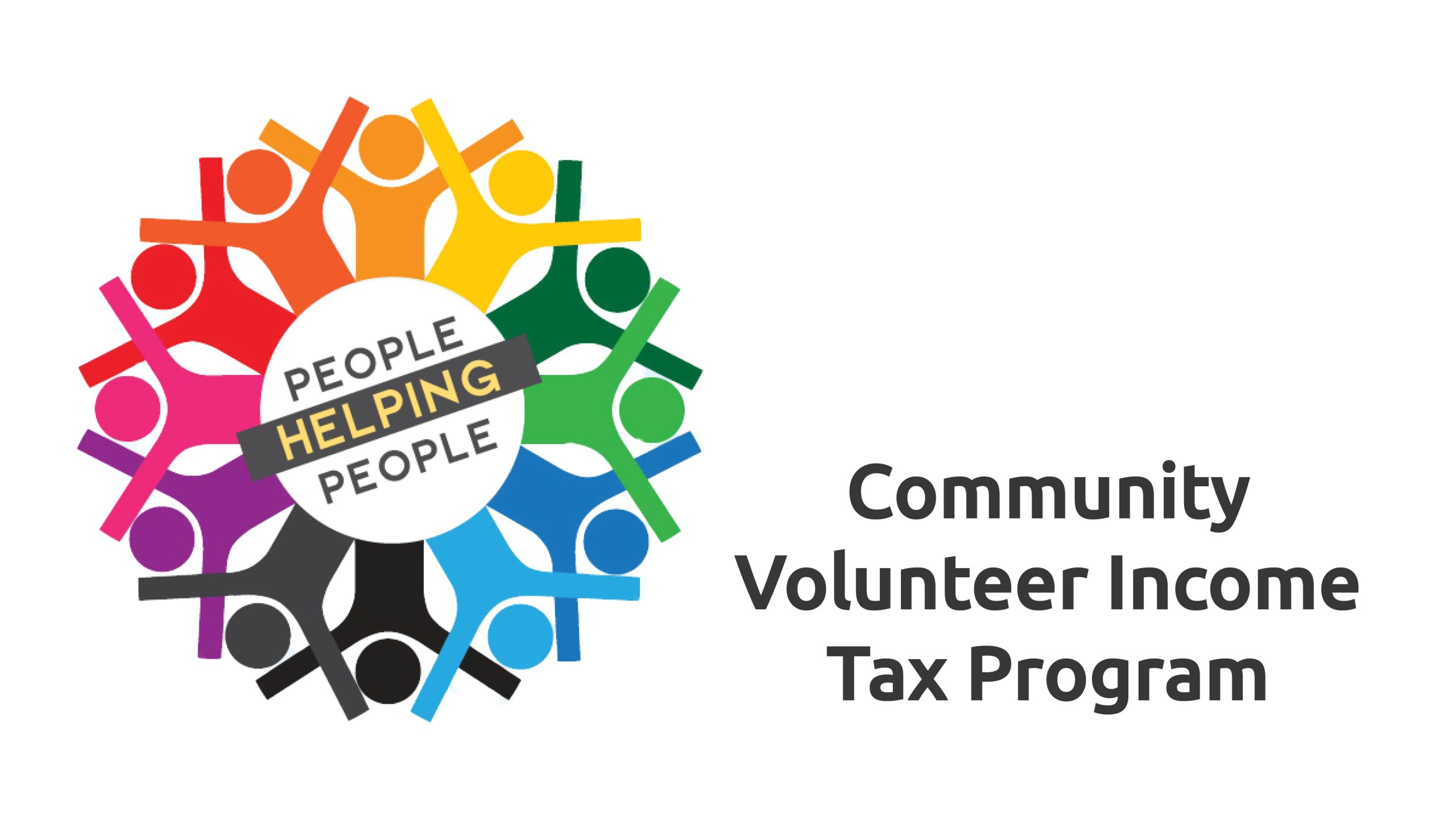 Illustration of people holding hands in a circle with text that reads People Helping People and Community Volunteer Income Tax Program