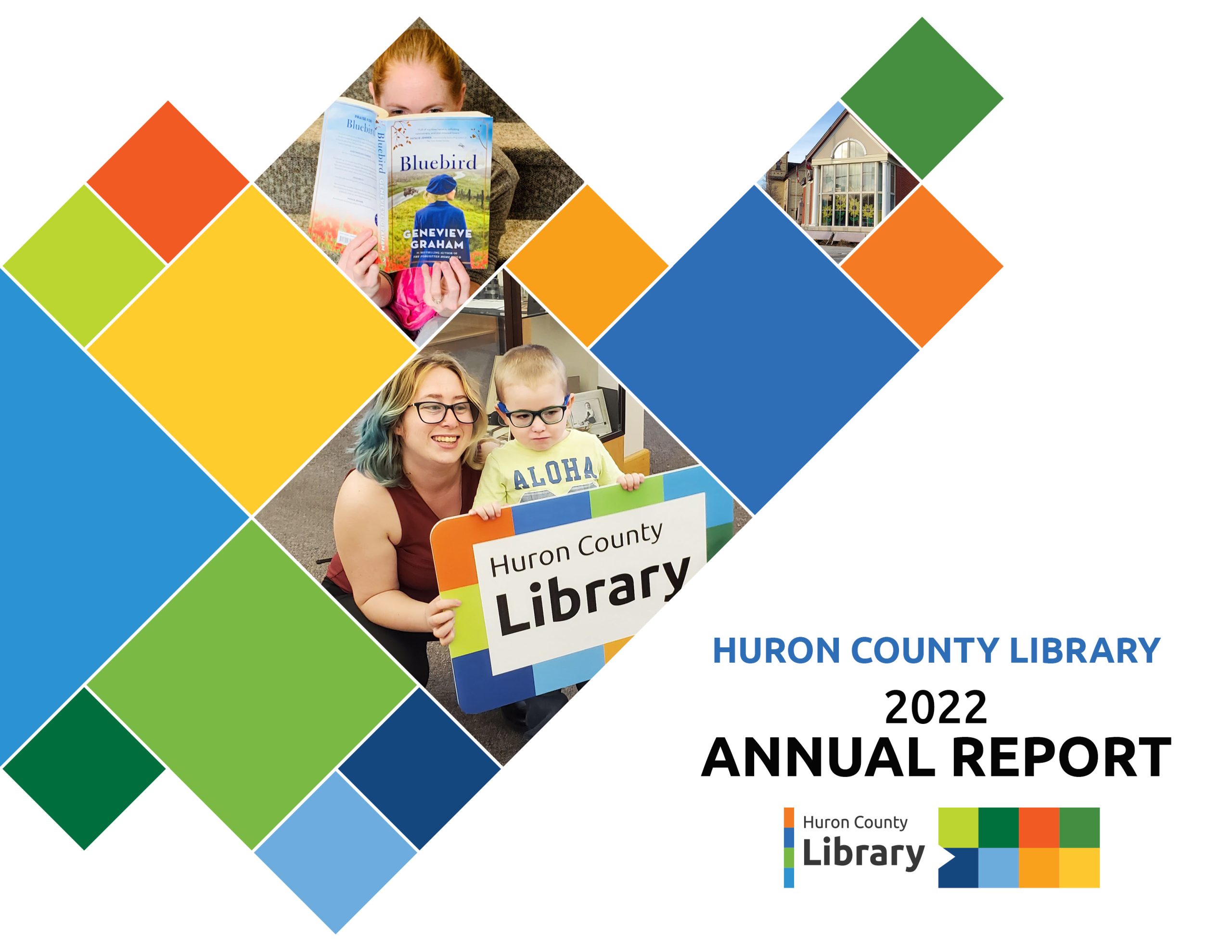 Cover image of the 2022 Huron County Library Annual Report. Featuring different sizes of coloured squares with images from the library
